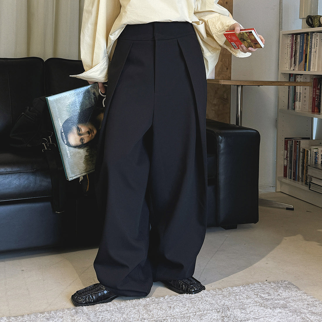High waist loose fit structured wide leg pants
