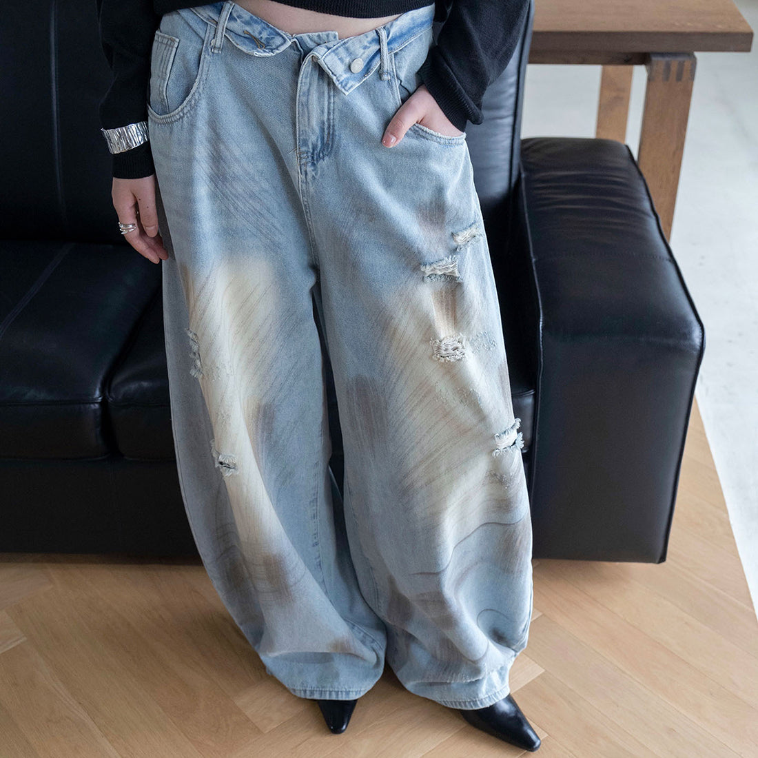 American retro ripped wide leg jeans
