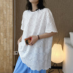 embroidered eyelet blouse loose fit cotton short sleeve lace top hollow out shirt