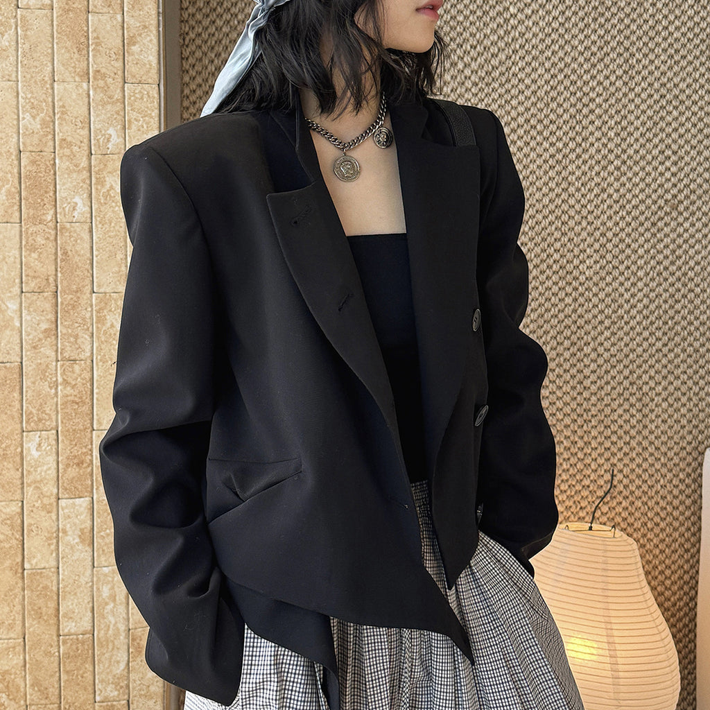 Stand collar cropped structured blazer jacket