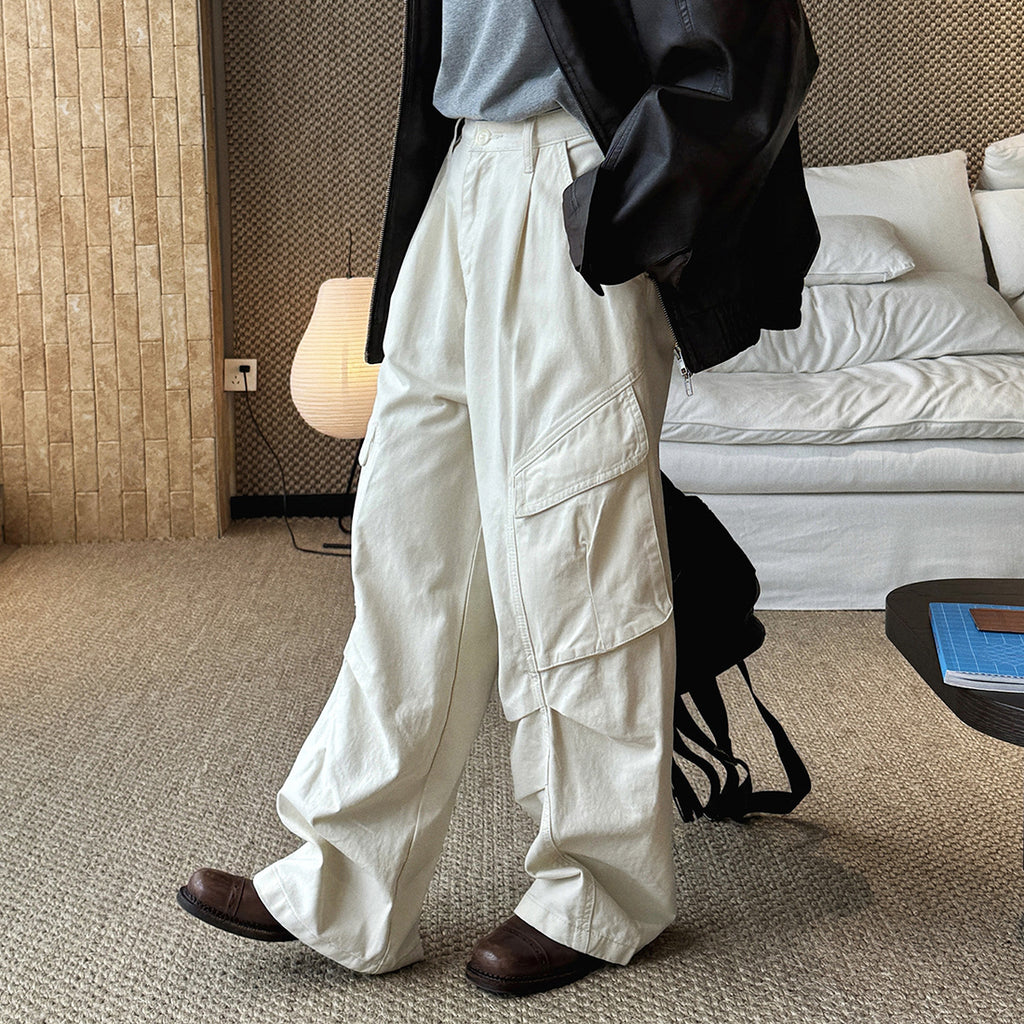 Pleated straight leg large pocket loose denim cargo pants