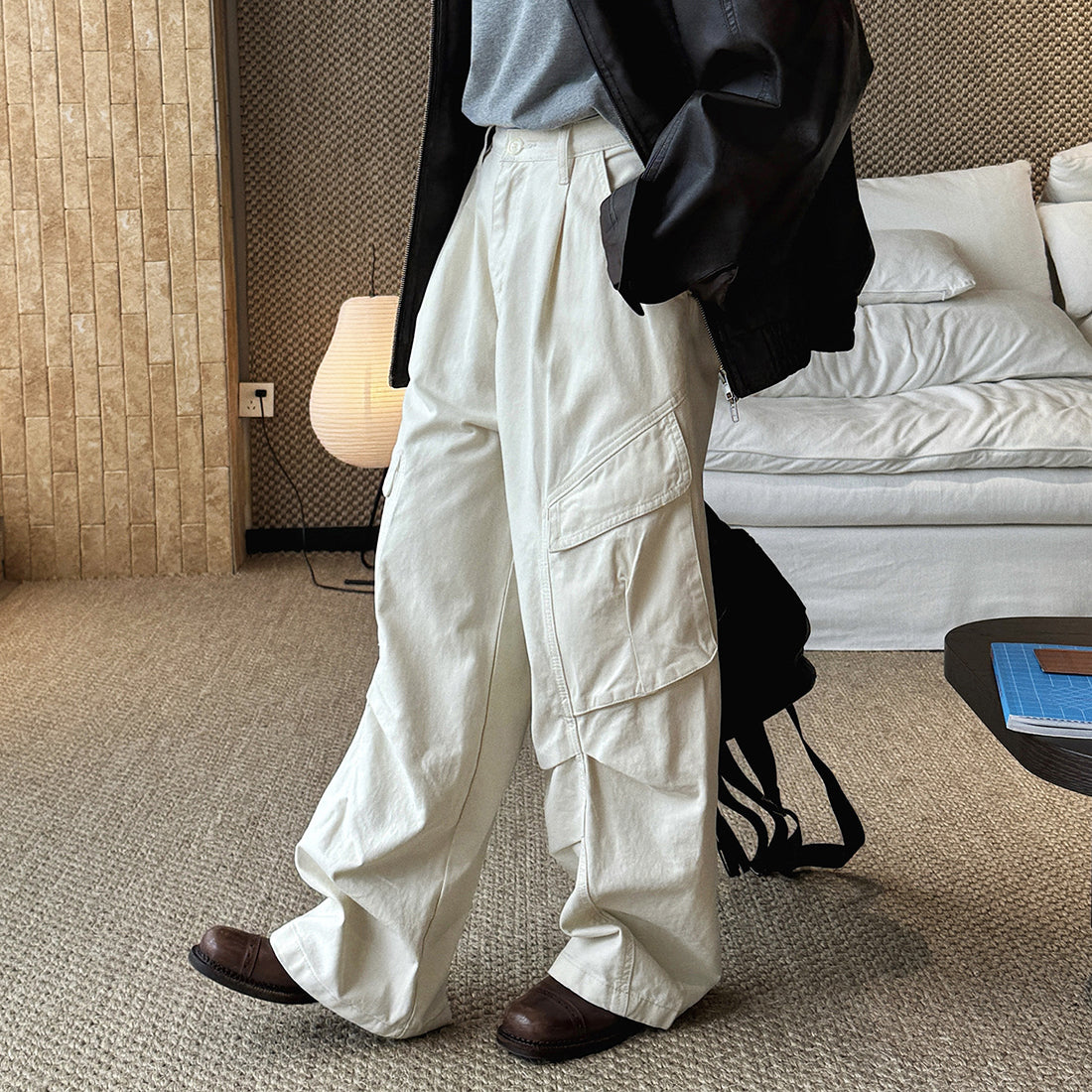 Pleated straight leg large pocket loose denim cargo pants