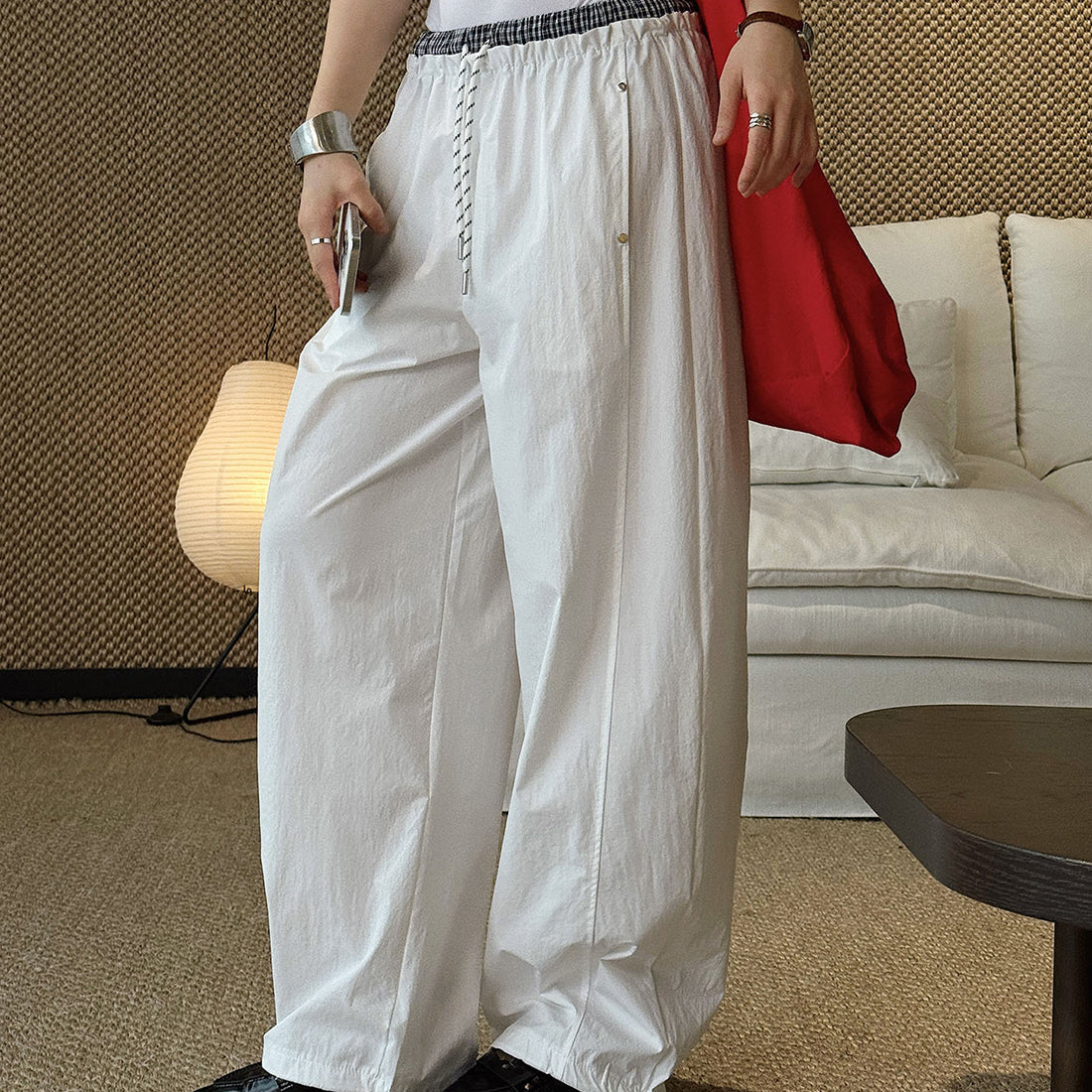 Grid waistband elastic drawstring loose casual ankle pants