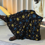 Retro elastic waist printed pleated A-line maxi skirt