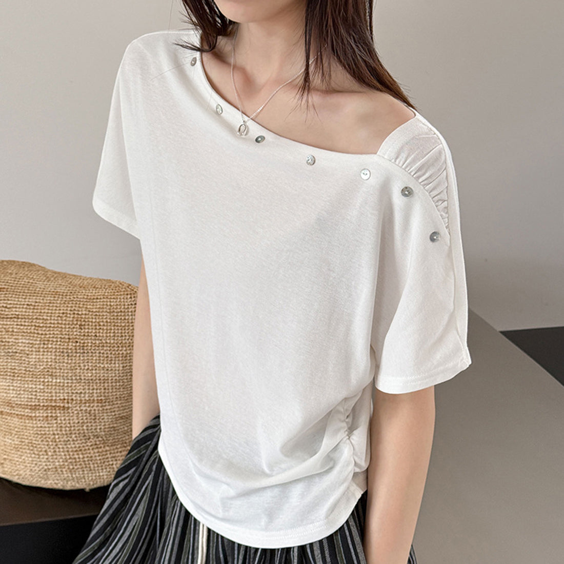 Women’s Asymmetrical Button-Shoulder Short-Sleeve T-Shirt