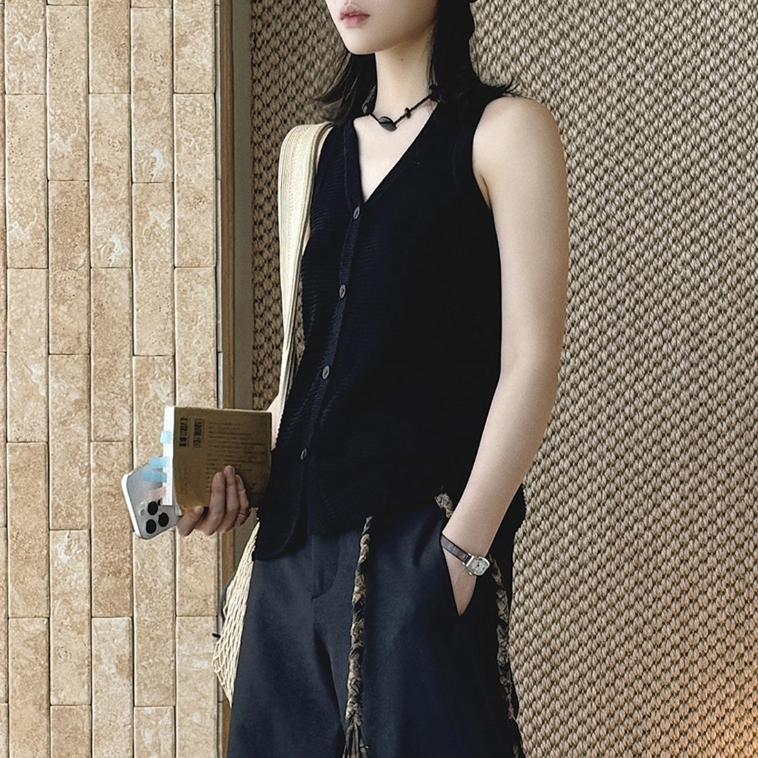 Sleeveless V-Neck Knit Button Vest Top