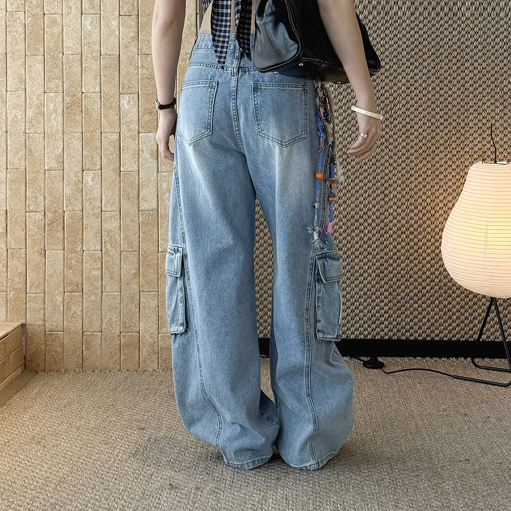 cargo wide leg jeans high waist loose fit vintage wash denim pants