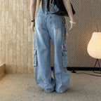 cargo wide leg jeans high waist loose fit vintage wash denim pants