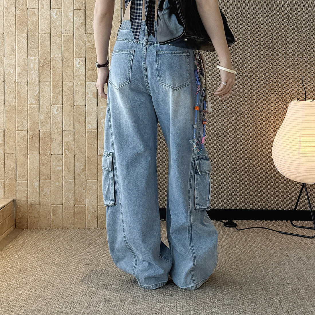 cargo wide leg jeans high waist loose fit vintage wash denim pants