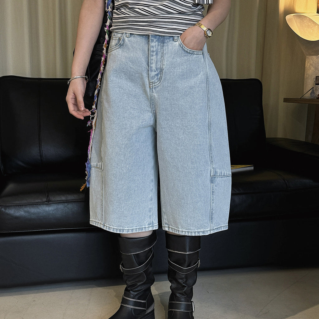 High Waist Cotton Denim Bermuda Shorts Loose Fit Wide Leg Casual Vintage Jeans