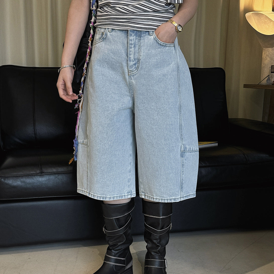 High Waist Cotton Denim Bermuda Shorts Loose Fit Wide Leg Casual Vintage Jeans