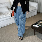 High-Waist Wide-Leg Denim Pants with Utility Pockets