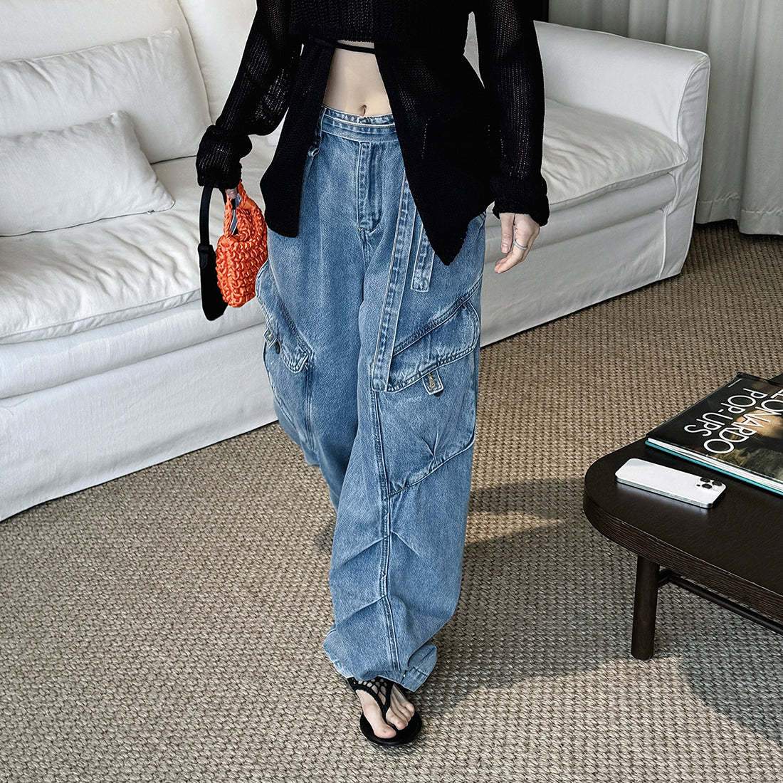 High-Waist Wide-Leg Denim Pants with Utility Pockets