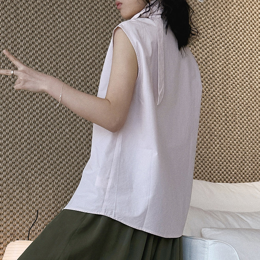 Sleeveless tie neck top women cotton linen loose summer blouse