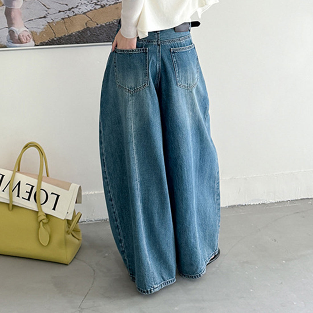 Wide leg jeans women high waist loose denim pants vintage wash trousers