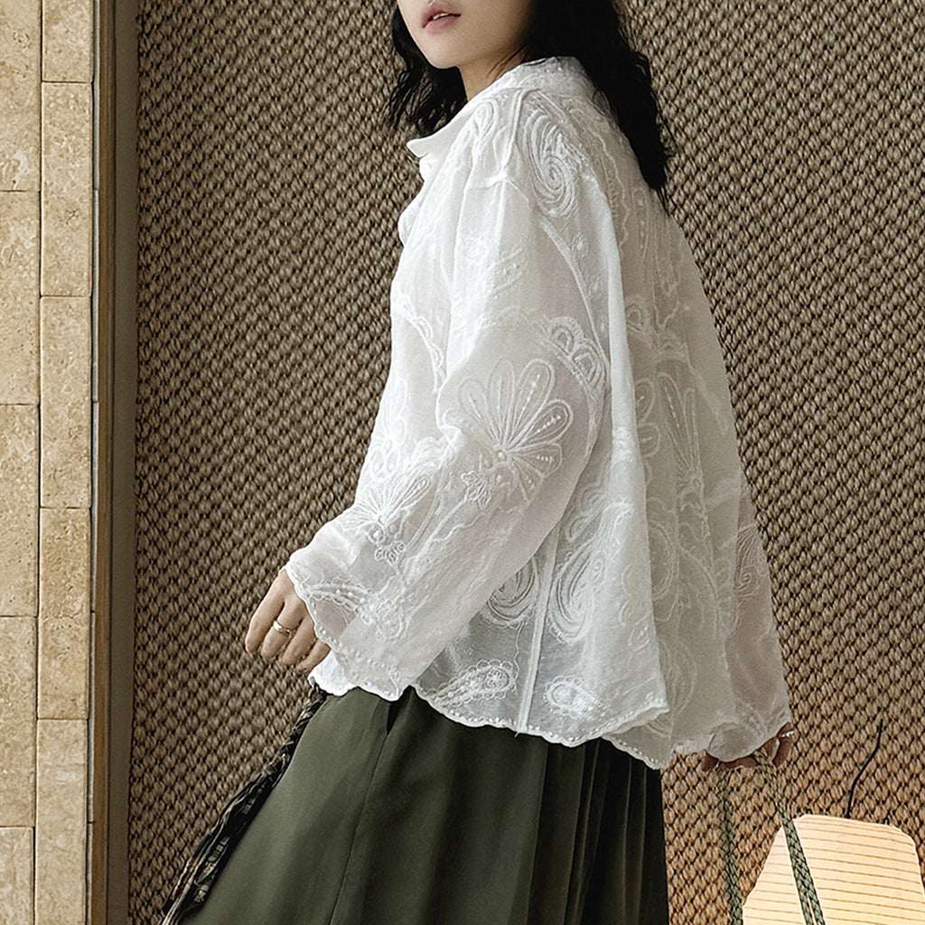 embroidered sheer shirt loose fit long sleeve button down lightweight cotton blouse