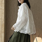 embroidered sheer shirt loose fit long sleeve button down lightweight cotton blouse