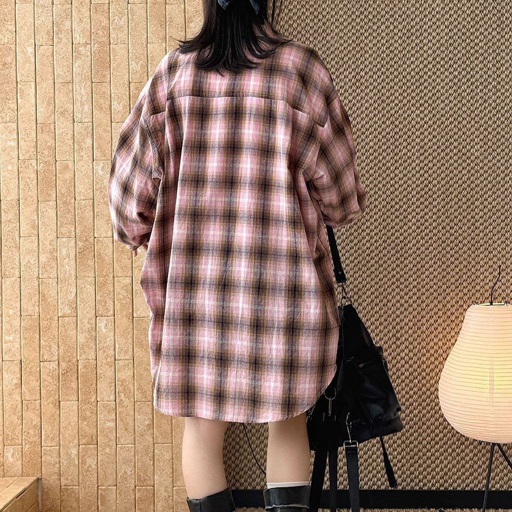Vintage pink plaid oversized cotton shirt women loose casual long sleeve blouse