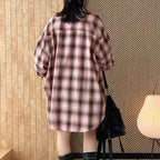 Vintage pink plaid oversized cotton shirt women loose casual long sleeve blouse