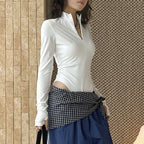 Slim fit stand collar zip long sleeve bodysuit