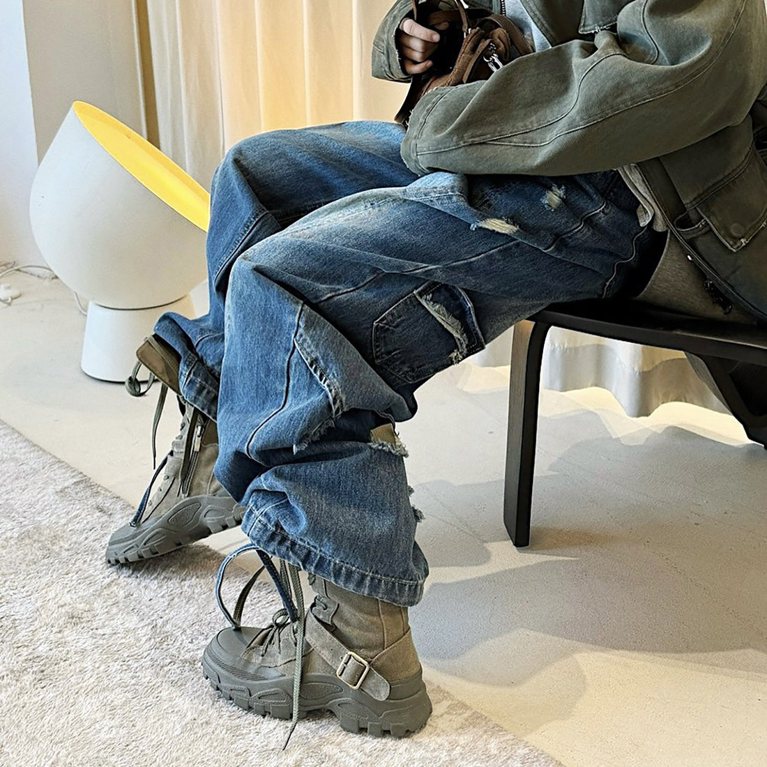 Retro pocket patchwork ripped loose jeans