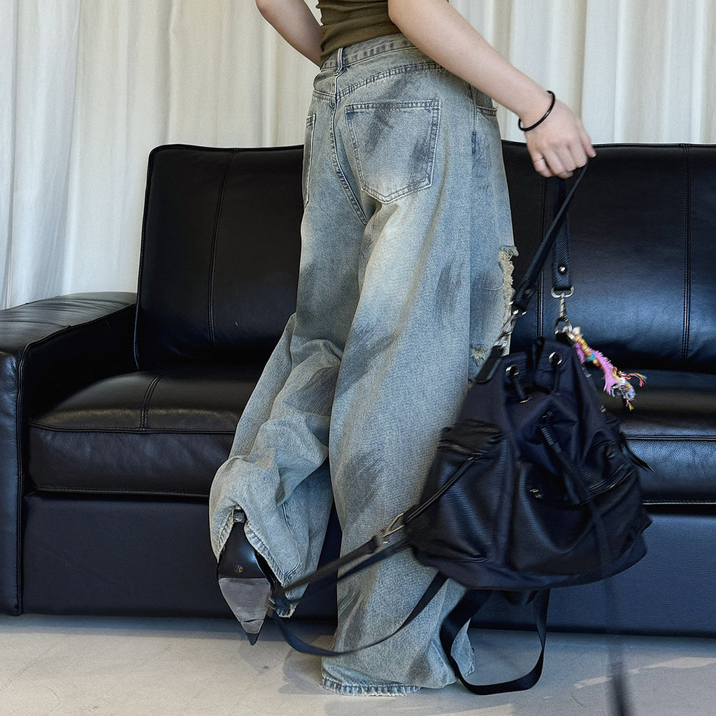 Women’s Vintage Washed Distressed Wide Leg Denim Jeans