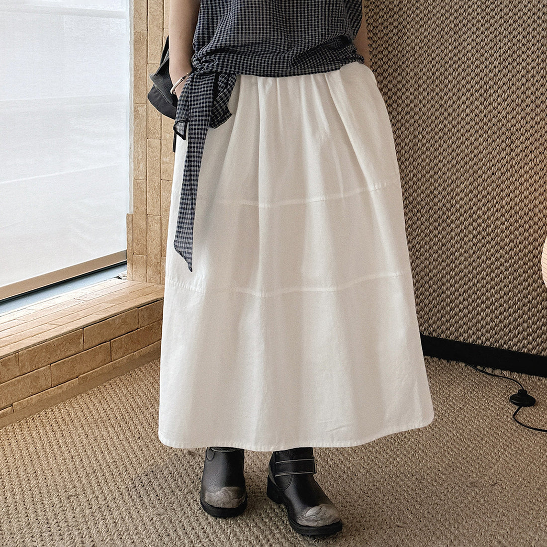 long skirt high waist elastic waist cotton a line midi skirt loose casual solid color skirt