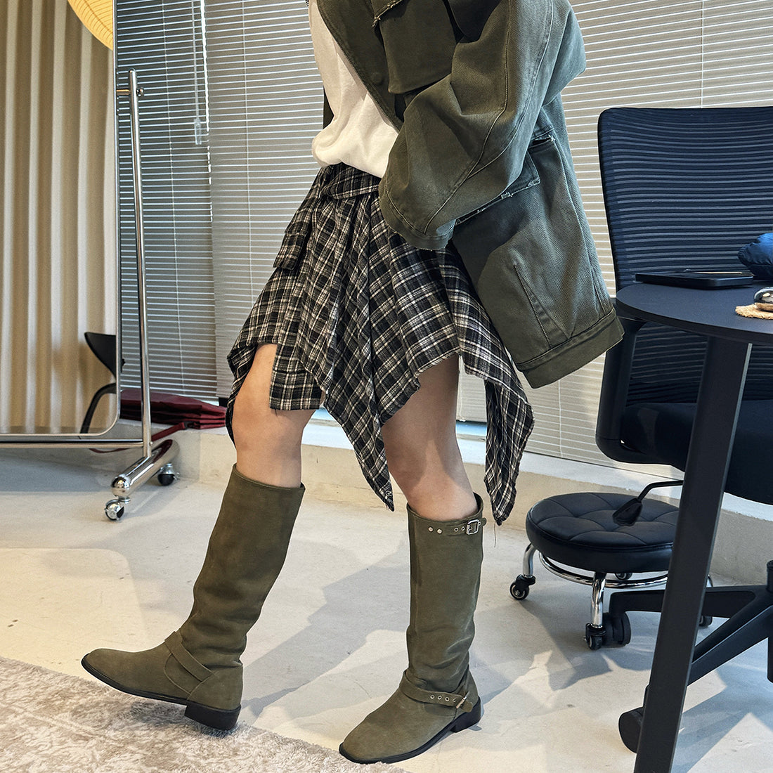 Retro contrasting plaid irregular skirt half length skirt
