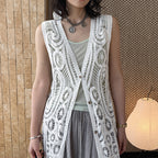 sleeveless long vest lace knit cardigan v neck button down hollow out lightweight layering top