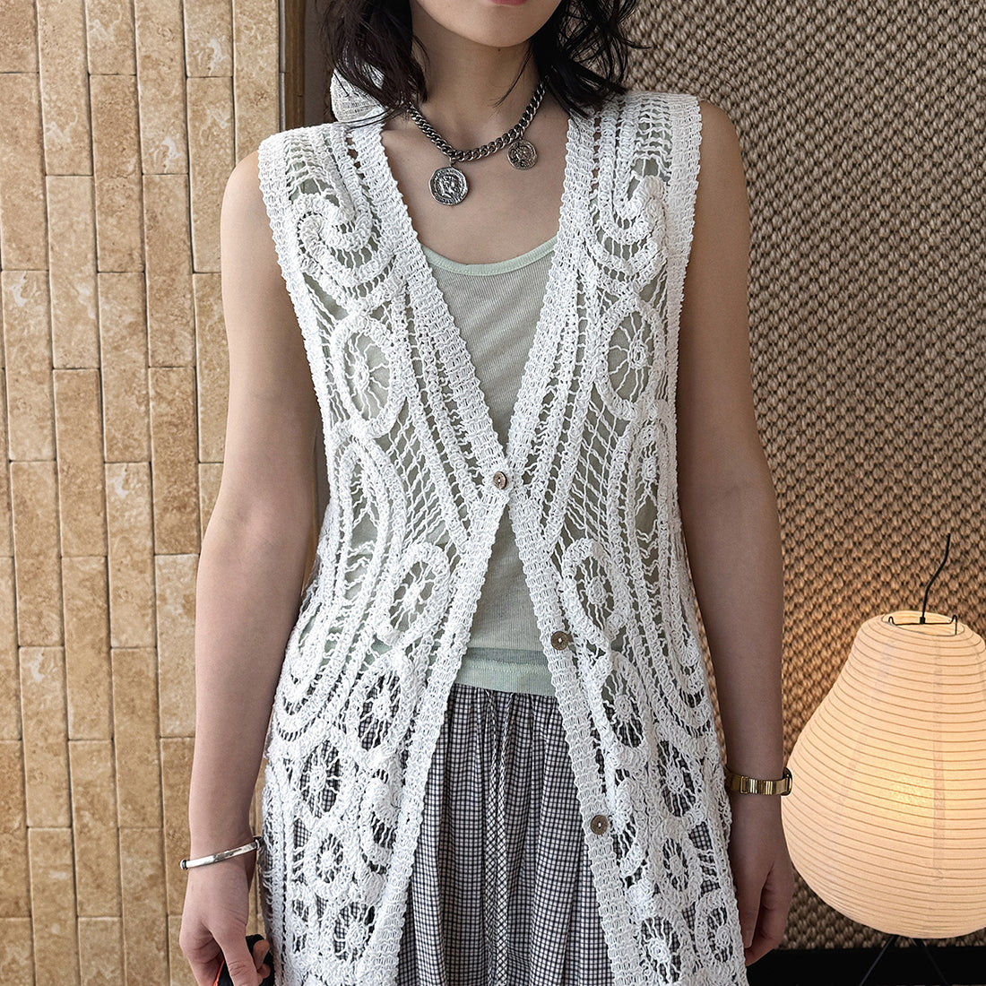 sleeveless long vest lace knit cardigan v neck button down hollow out lightweight layering top