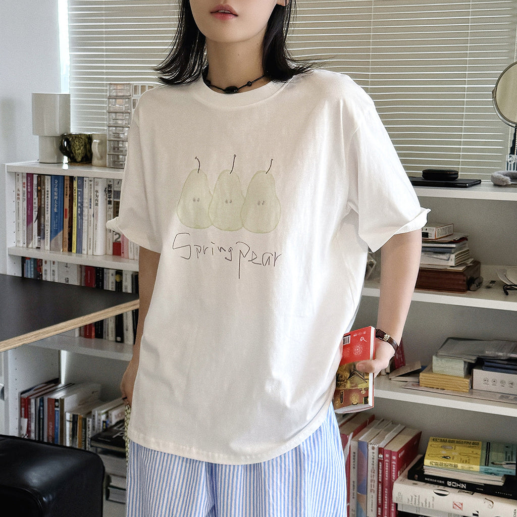 Oversized Spring Pear Graphic Cotton T-Shirt