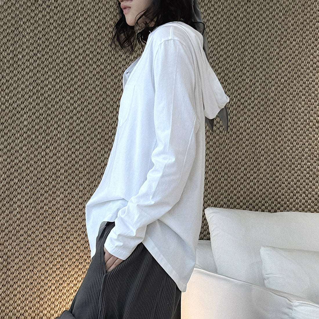 Loose fit v neck long sleeve button shirt top