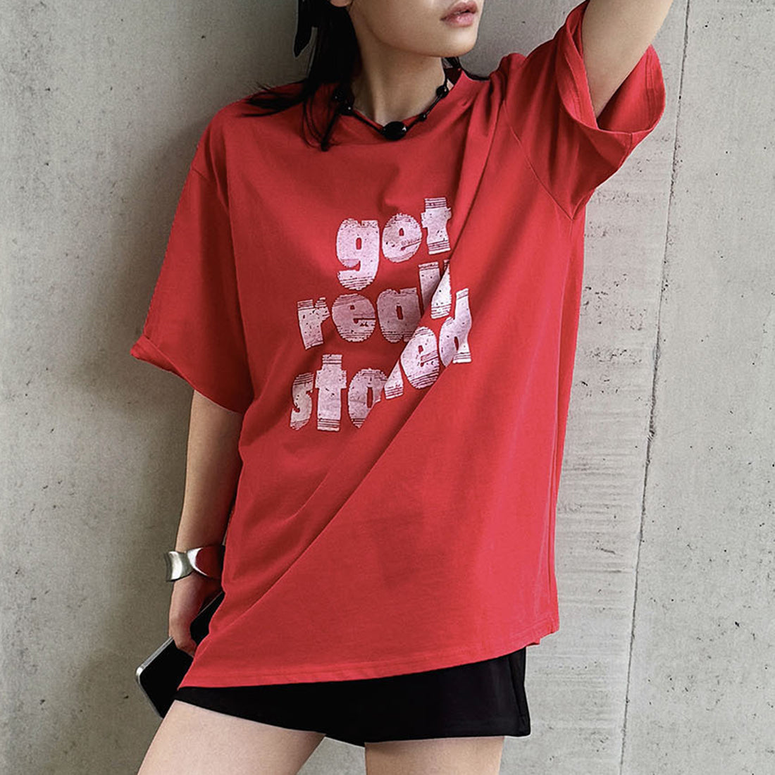 Round neck letter printed shoulder loose T-shirt top