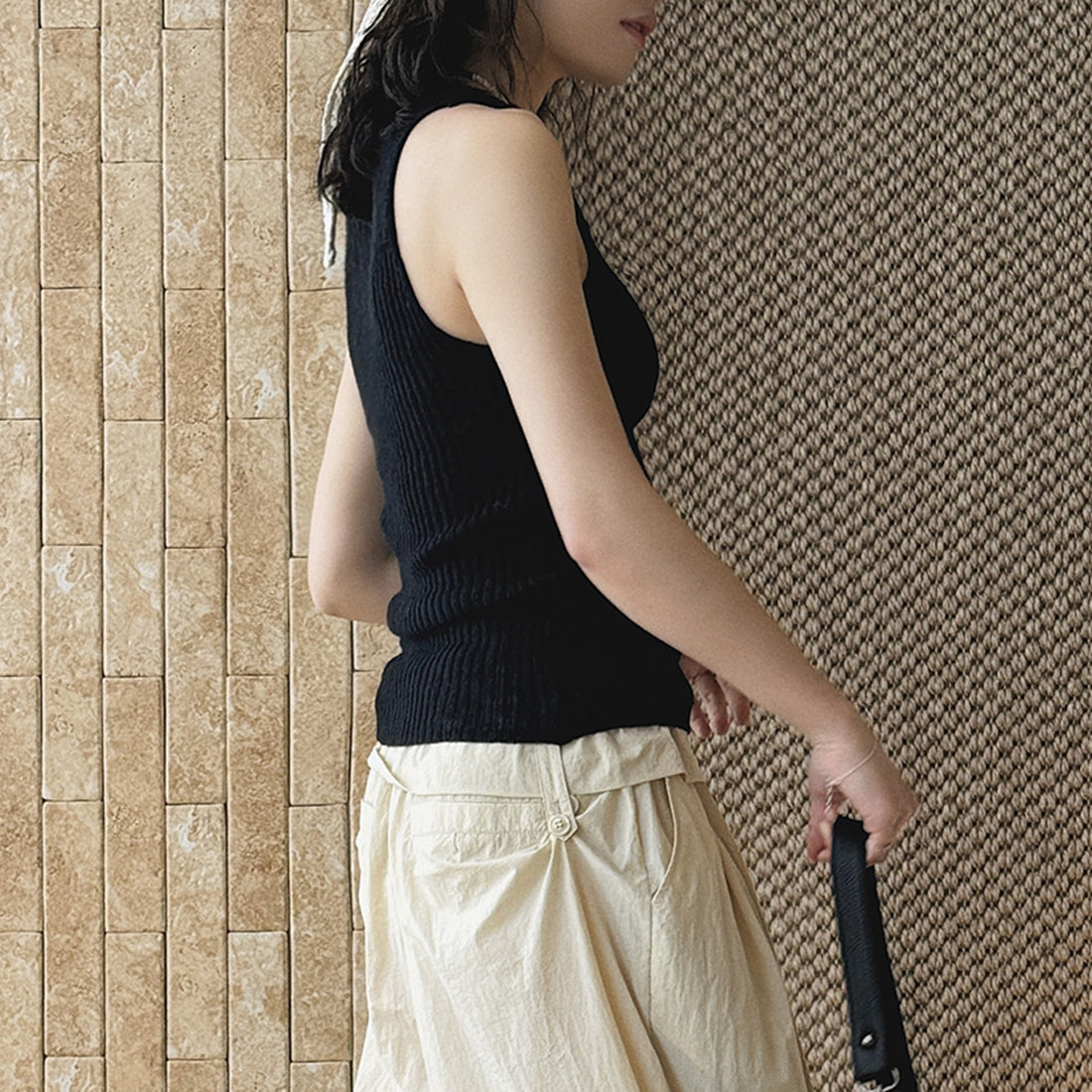 V-Neck Ribbed Knit Tank Top with Button Detail