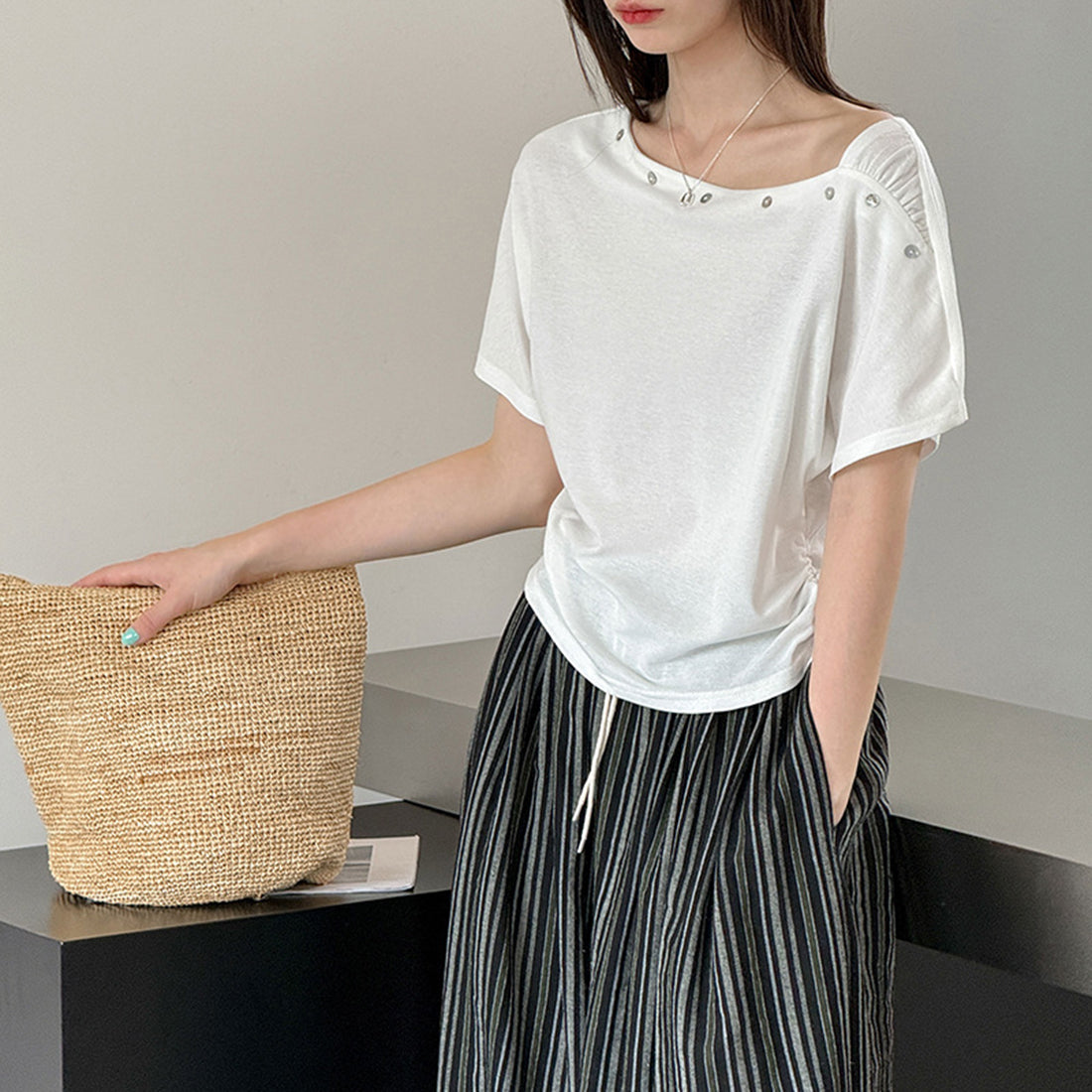 Women’s Asymmetrical Button-Shoulder Short-Sleeve T-Shirt
