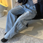 High waist vintage wash cargo wide leg jeans with utility pockets
