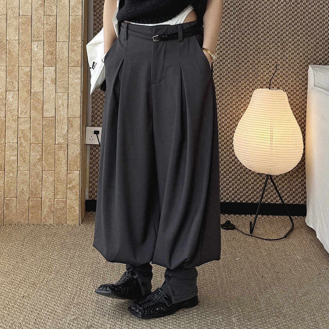 High waist pleated loose fit tapered cuff pants