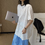 embroidered eyelet blouse loose fit cotton short sleeve lace top hollow out shirt