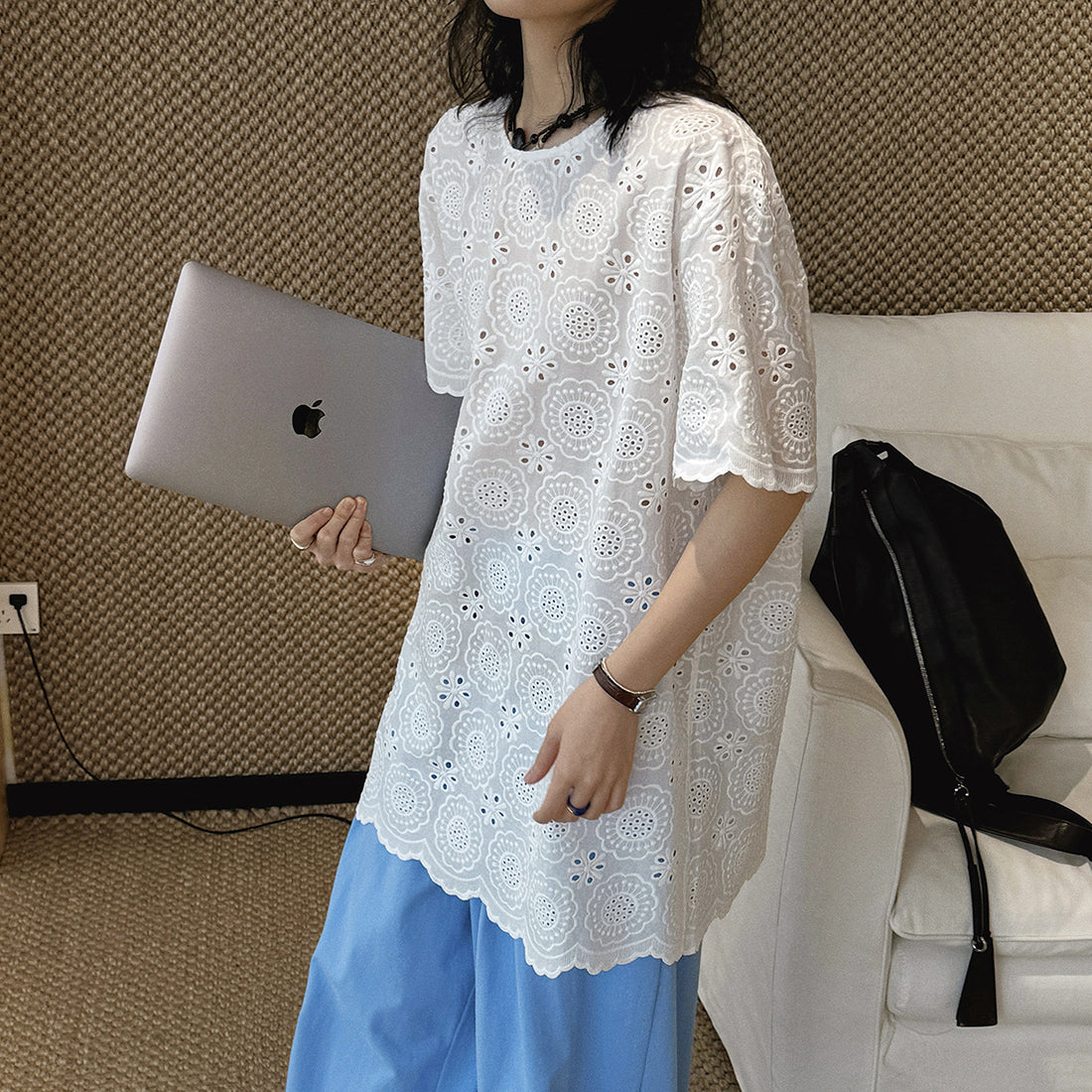 embroidered eyelet blouse loose fit cotton short sleeve lace top hollow out shirt