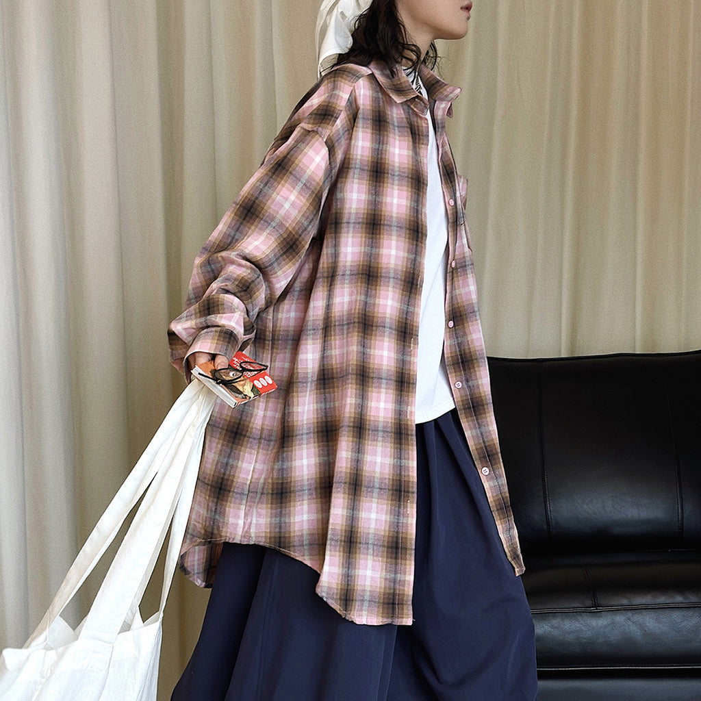 Vintage pink plaid oversized cotton shirt women loose casual long sleeve blouse