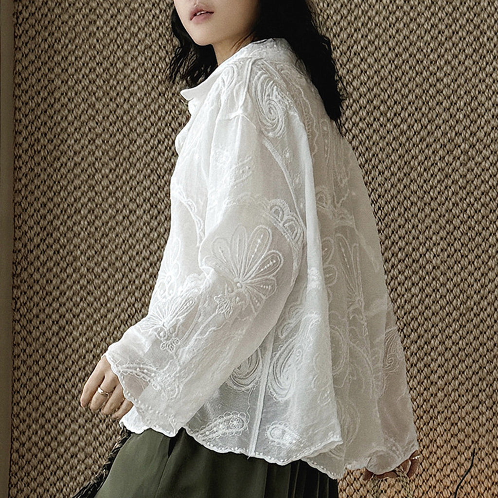 White embroidered cotton blouse loose long sleeve sheer lace shirt women