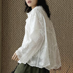 White embroidered cotton blouse loose long sleeve sheer lace shirt women