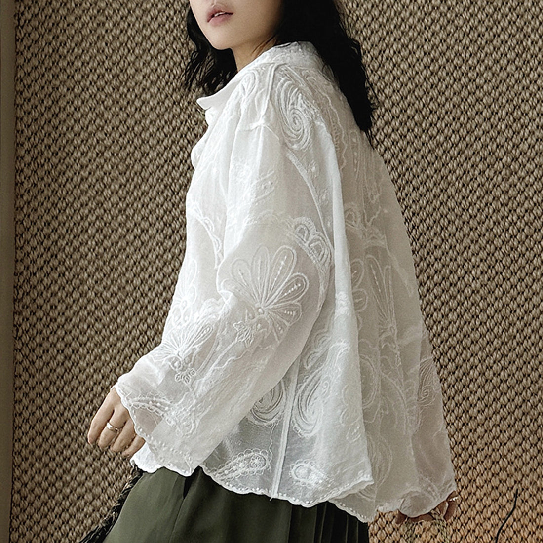 White embroidered cotton blouse loose long sleeve sheer lace shirt women