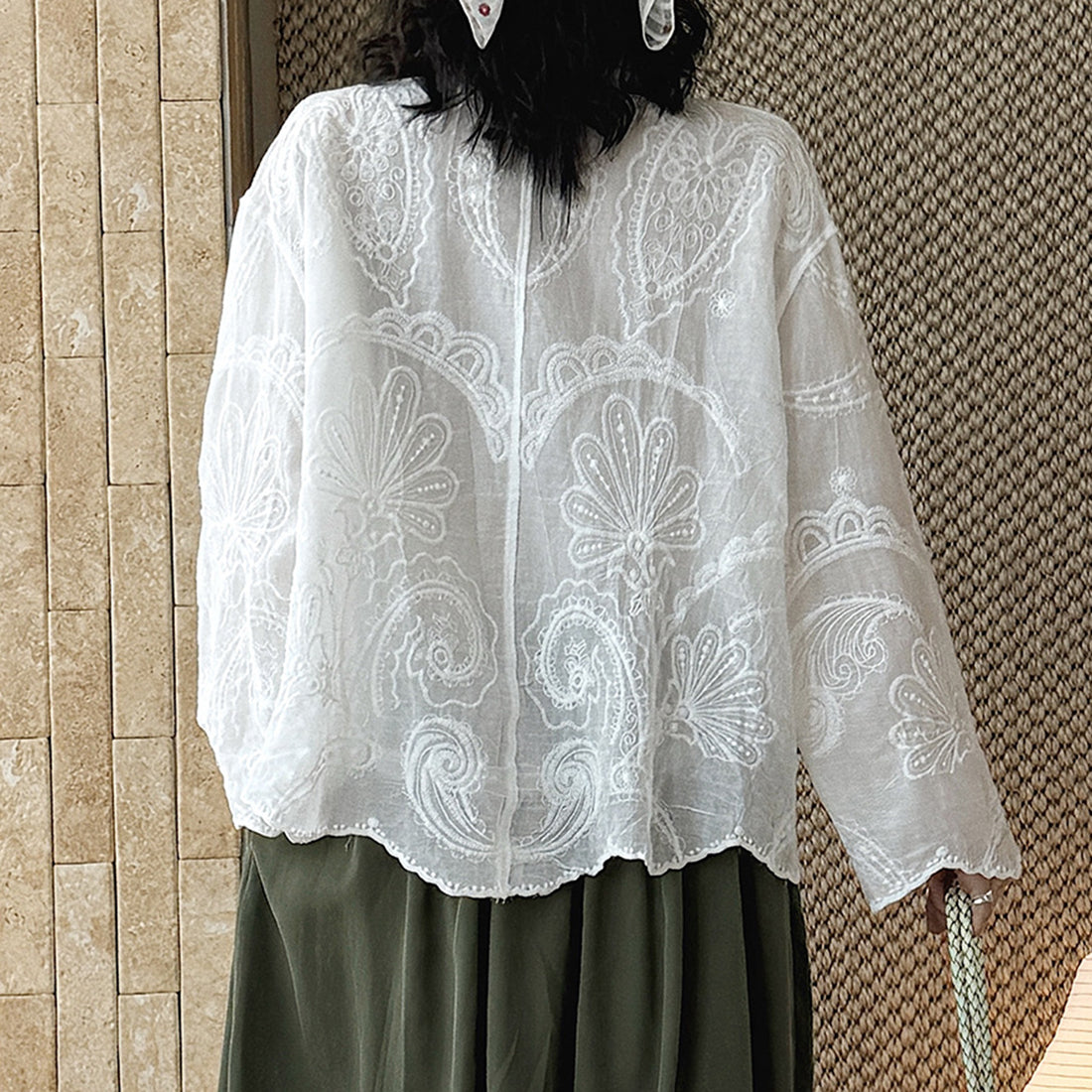 embroidered sheer shirt loose fit long sleeve button down lightweight cotton blouse