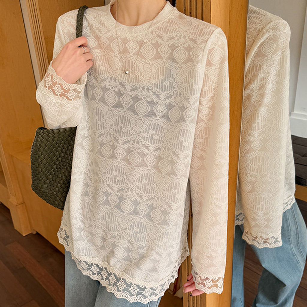 Round neck lace knitted hollow out long sleeved top