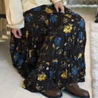 Retro elastic waist printed pleated A-line maxi skirt