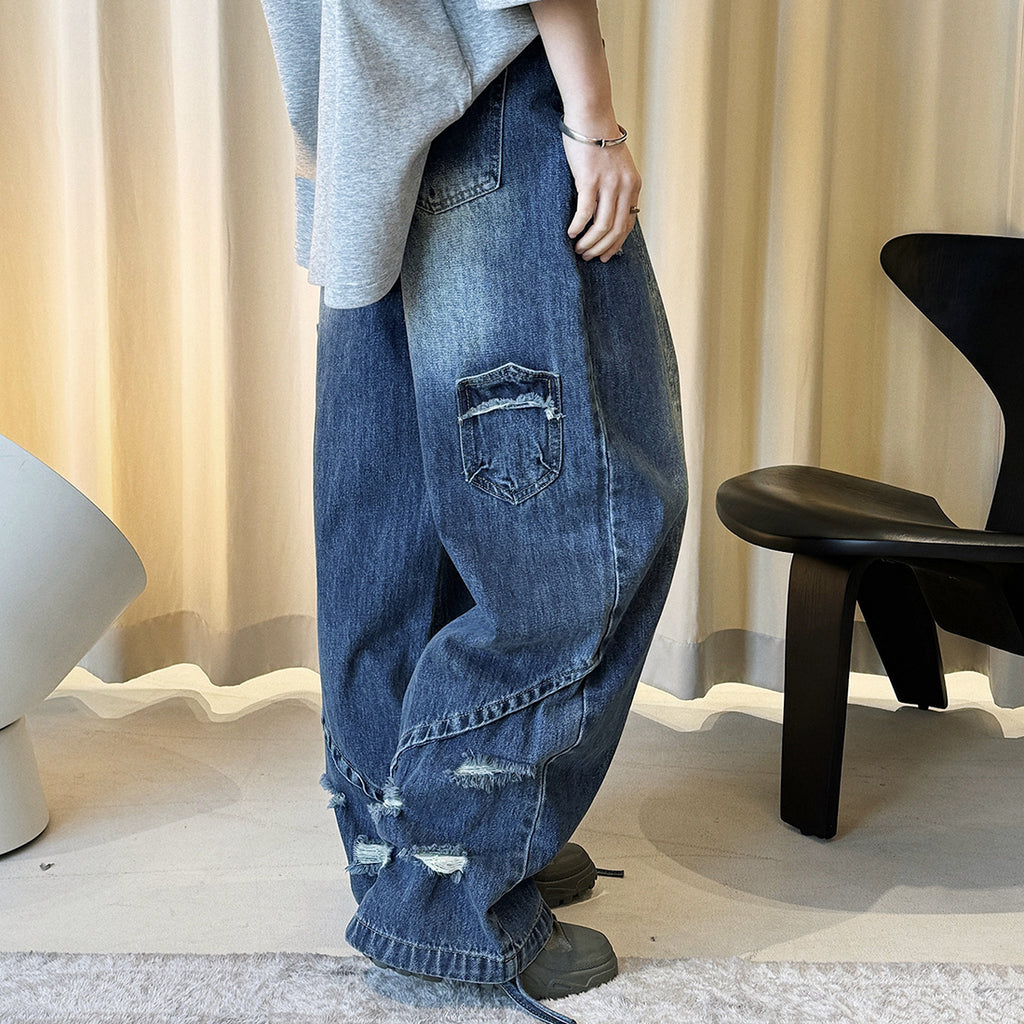 Retro pocket patchwork ripped loose jeans