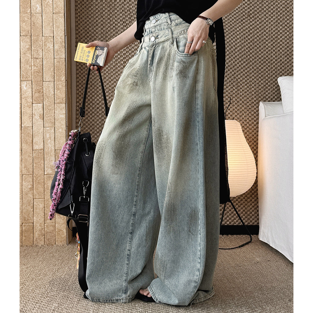 Women’s Double Waist Washed Wide Leg Denim Pants