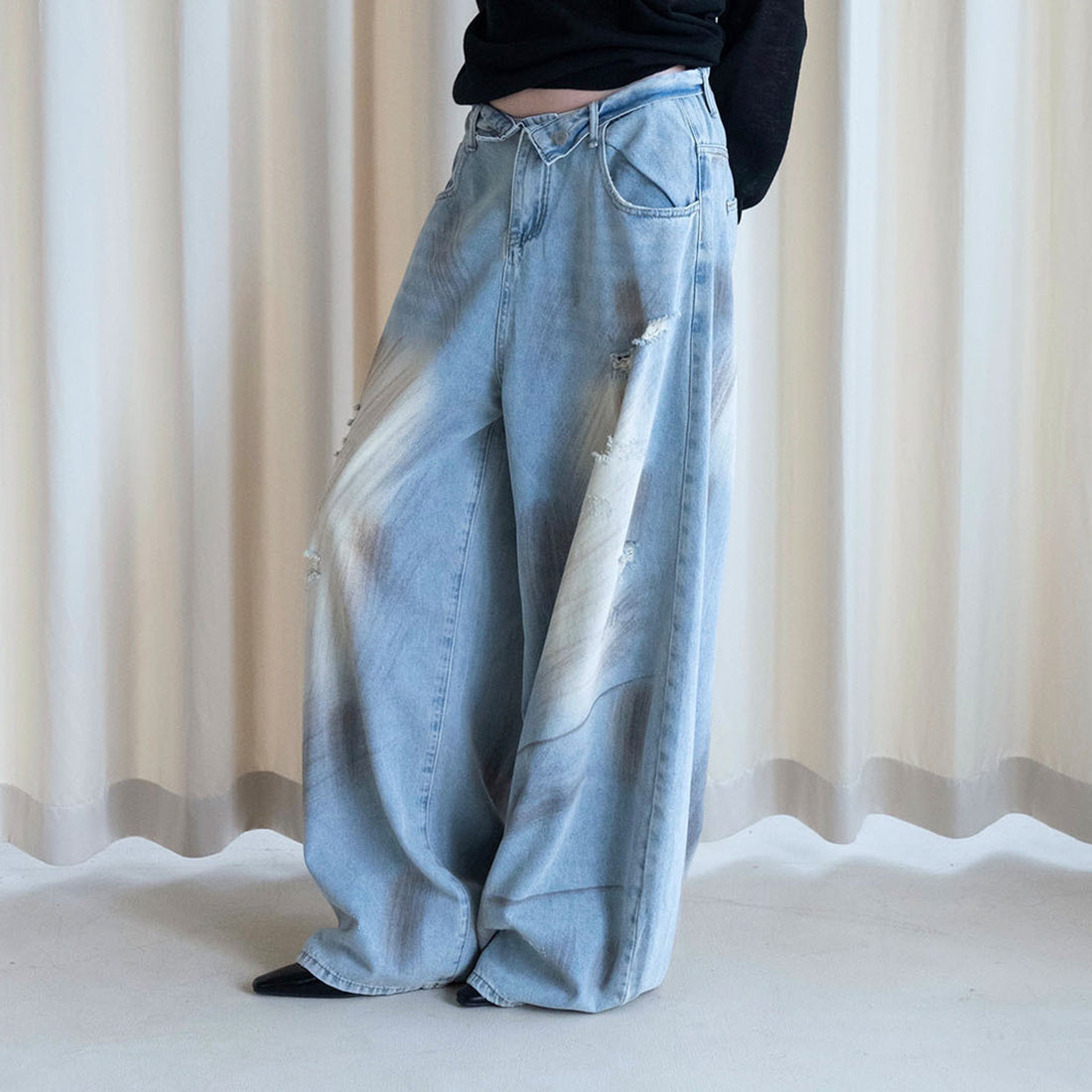 American retro ripped wide leg jeans