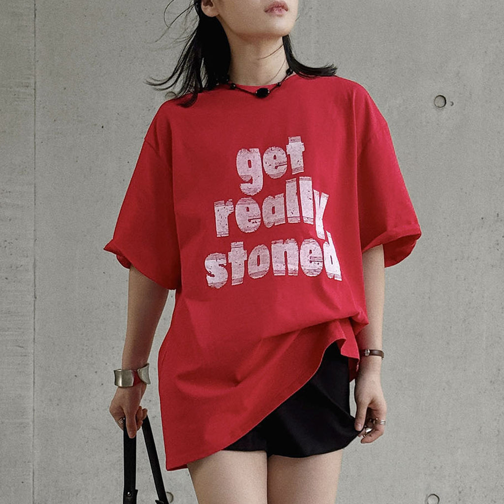 Round neck letter printed shoulder loose T-shirt top